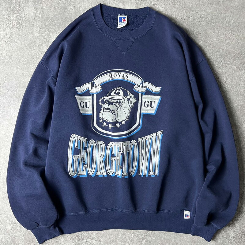 Rakuten - 90s USA製 RUSSELL 2段 カレッジ プリント スウェット トレーナー XL / 90年代 アメリカ製 オールド ラッセル ネイビー 【中古】 古着 アメリカ古着 USED ユーズド 中古 VINTAGE US古着 アメカジ