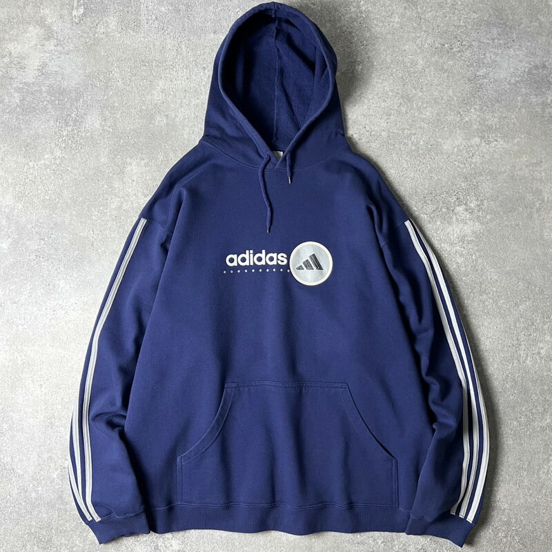 00s adidas 3ストライプ ロゴ プリント スウェット フード パーカー L / 00年代 オールド アディダス トレーナー ネイビー 紺 【中古】 古着 アメリカ古着 USED ユーズド 中古 VINTAGE US古着 アメカジ