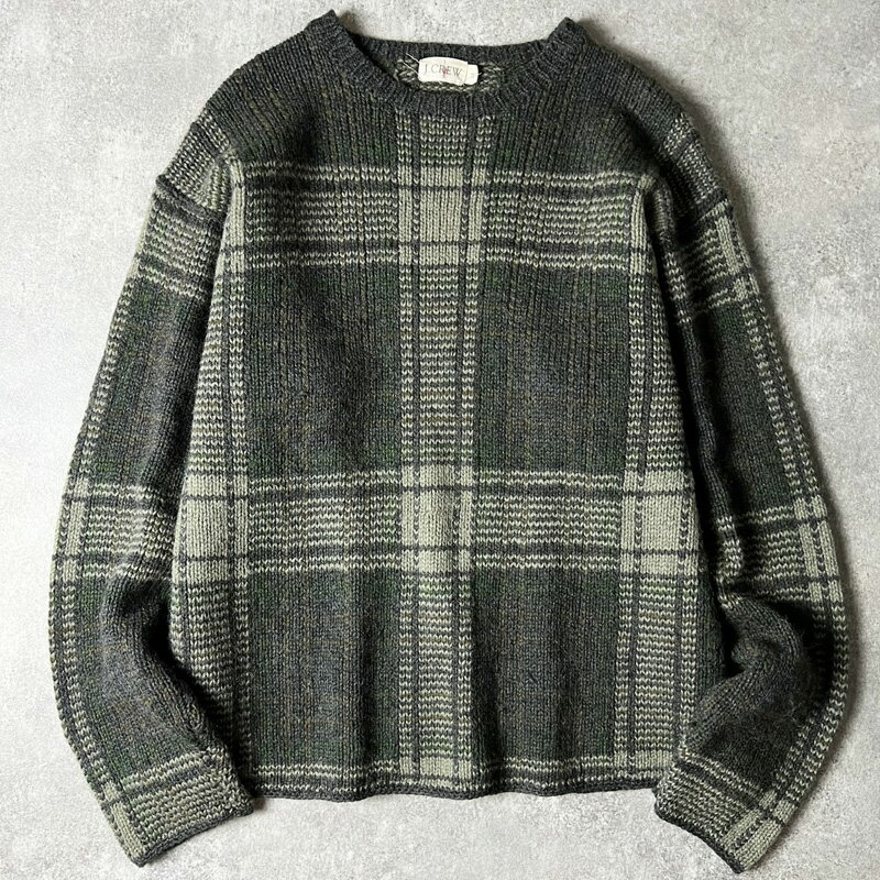 90s 巨人タグ J.CREW チェック ウール ニット セーター M / Jクルー 90年代 オールド クルーネック マルチカラー オリーブ 【中古】 古着 アメリカ古着 USED ユーズド 中古 VINTAGE US古着 アメカジ
