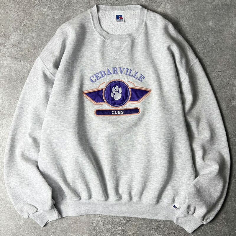 Rakuten - 90s RUSSELL 3段 カレッジ パッチ 刺繍 スウェット トレーナー XL / 90年代 オールド ラッセル 霜降り グレー 【中古】 古着 アメリカ古着 USED ユーズド 中古 VINTAGE US古着 アメカジ
