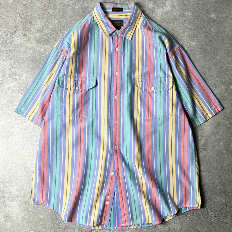 Rakuten - 80s 黒タグ Eddie Bauer マルチカラー ストライプ 半袖 コットン シャツ XL / 80年代 ビンテージ エディーバウアー マルチストライプ 【中古】 古着 アメリカ古着 USED ユーズド 中古 VINTAGE US古着 アメカジ