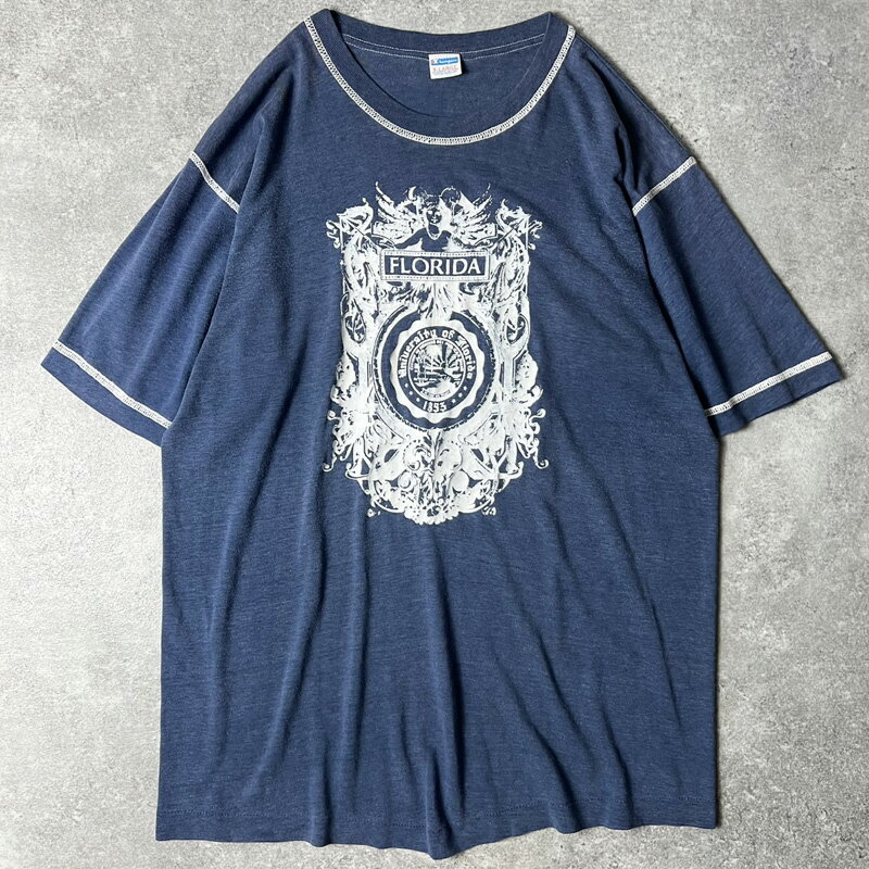 Rakuten - 70s USA製 Champion カレッジ プリント 半袖 Tシャツ XL / 70年代 バータグ チャンピオン ビンテージ アメリカ製 シングル ステッチ 紺 【中古】 古着 アメリカ古着 USED ユーズド 中古 VINTAGE US古着 アメカジ