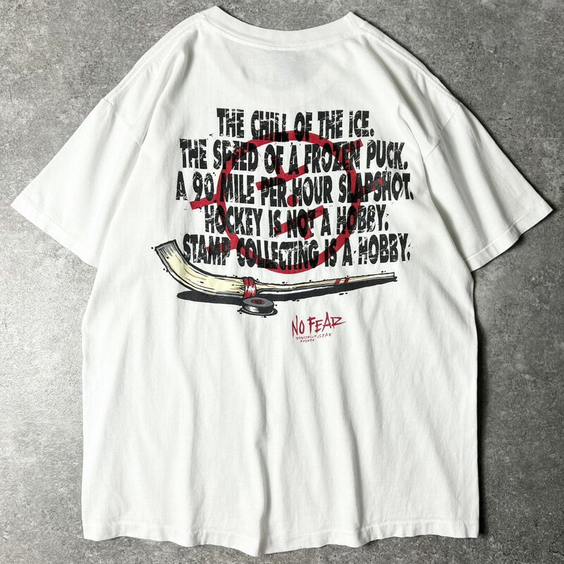 90s USA製 NO FEAR アイスホッケー ジョーク メッセージ プリント 半袖 Tシャツ L / 90年代 アメリカ製 オールド シングル ステッチ ホワイト 白 【中古】 古着 アメリカ古着 USED ユーズド 中古 VINTAGE US古着 アメカジ