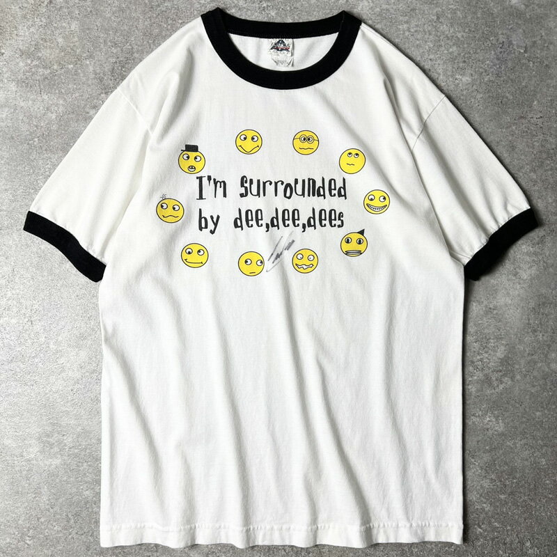 Rakuten - 00s スマイル ニコちゃん メッセージ プリント 半袖 リンガー Tシャツ M / 00年代 オールド キャラクター リンガーT 白 黒 【中古】 古着 アメリカ古着 USED ユーズド 中古 VINTAGE US古着 アメカジ