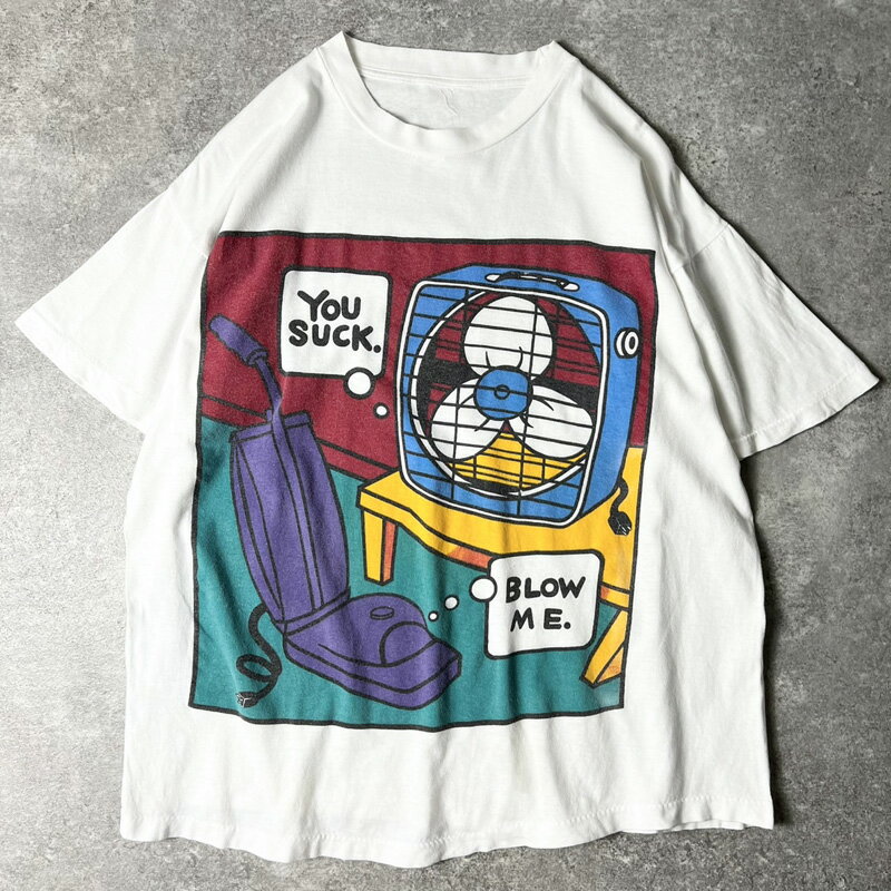 Rakuten - 90s ジョーク イラスト プリント 半袖 Tシャツ / 90年代 オールド アート シングル ステッチ スラング ホワイト 白 【中古】 古着 アメリカ古着 USED ユーズド 中古 VINTAGE US古着 アメカジ