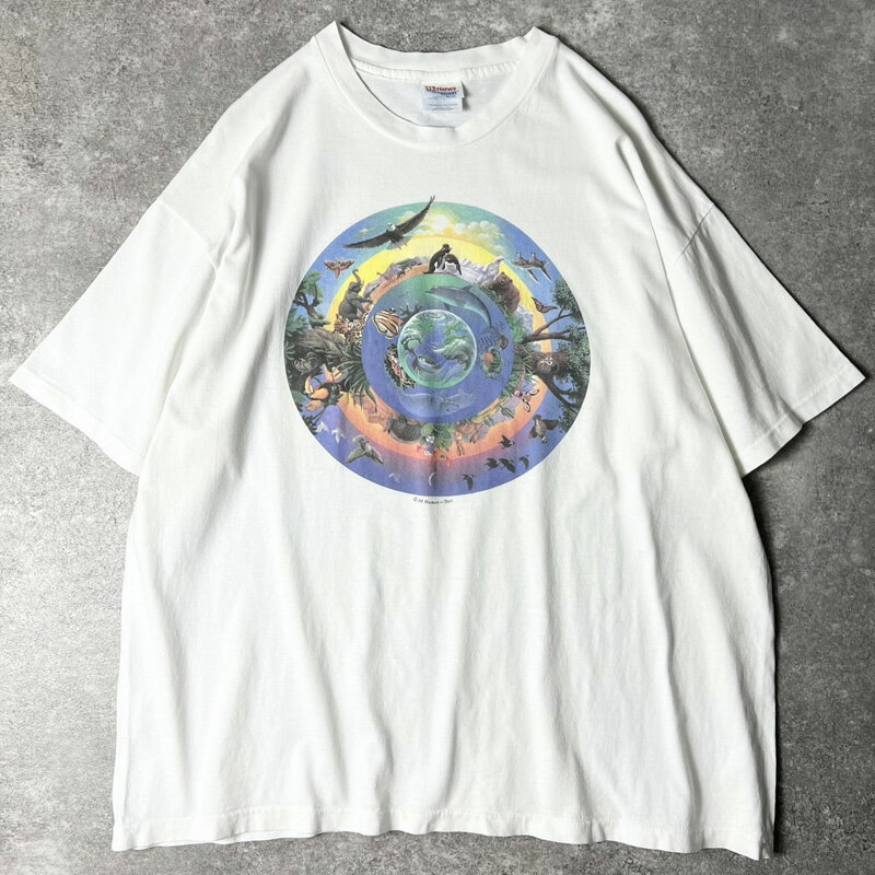 Rakuten - 90s USA製 アニマル アート プリント 半袖 Tシャツ XXL / 90年代 アメリカ製 オールド シングル ステッチ ホワイト 白 動物 【中古】 古着 アメリカ古着 USED ユーズド 中古 VINTAGE US古着 アメカジ