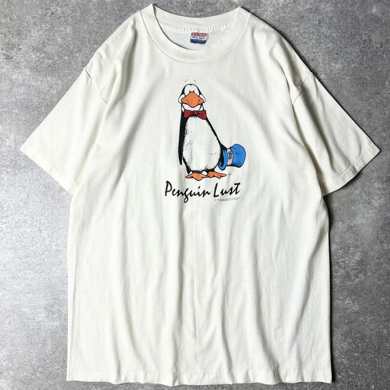 80s ペンギン キャラクター イラスト プリント 半袖 Tシャツ XL / 80年代 ビンテージ シングル ステッチ キャラT コミック アニマル 【中古】 古着 アメリカ古着 USED ユーズド 中古 VINTAGE US古着 アメカジ