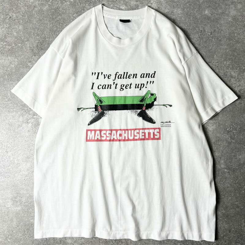 90s USA製 マサチューセッツ州 ジョーク イラスト プリント 半袖 Tシャツ L / 90年代 アメリカ製 オールド シングル ステッチ 白  古着 アメリカ古着 USED ユーズド 中古 VINTAGE US古着 アメカジ