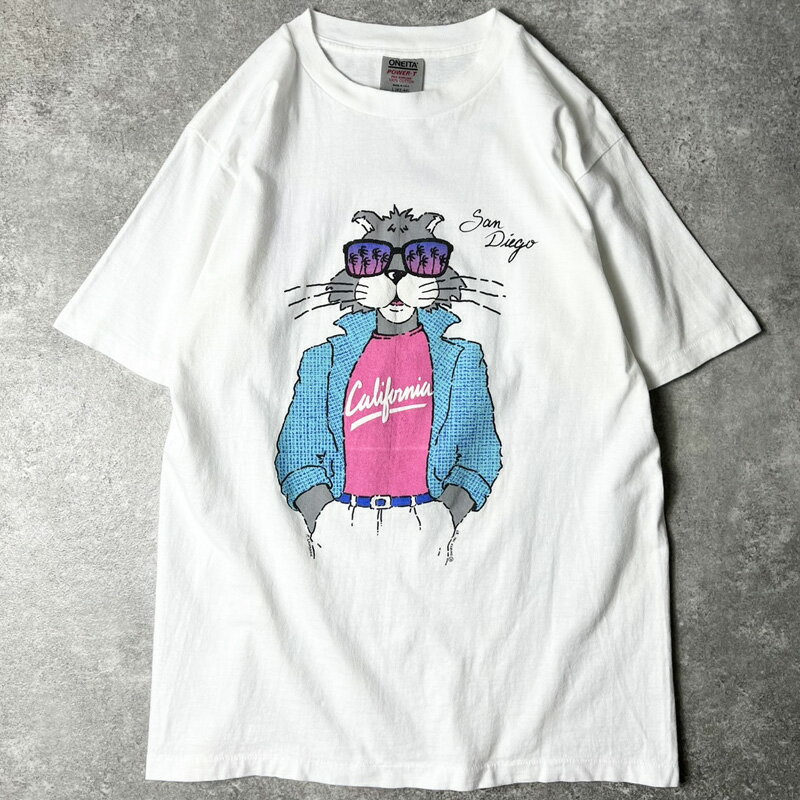 Rakuten - 80s USA製 ネコ キャラクター イラスト 発泡 プリント 半袖 Tシャツ L / 80年代 アメリカ製 ビンテージ シングル キャラT キャット 【中古】 古着 アメリカ古着 USED ユーズド 中古 VINTAGE US古着 アメカジ