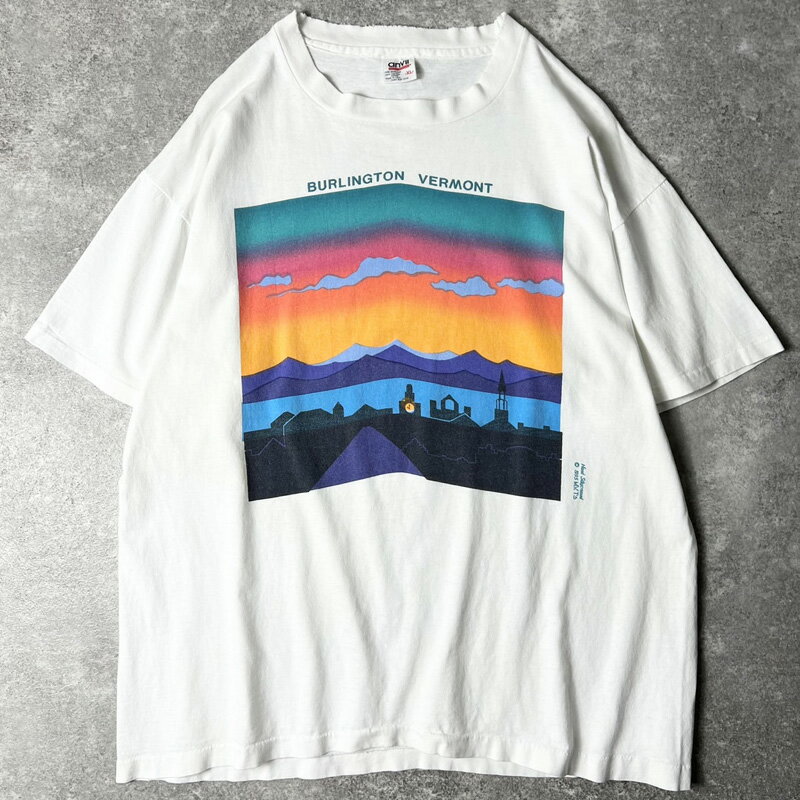 Rakuten - 90s USA製 1995 バーリントン スーベニア イラスト プリント 半袖 Tシャツ XL / 90年代 アメリカ製 オールド シングル ステッチ 白 【中古】 古着 アメリカ古着 USED ユーズド 中古 VINTAGE US古着 アメカジ