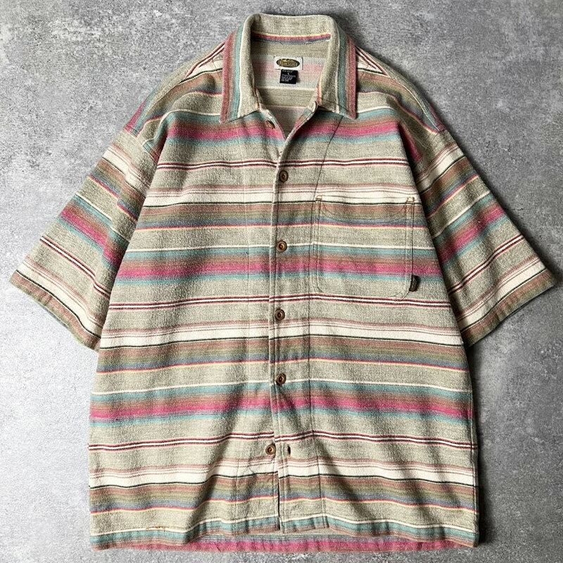90s QUICKSILVER ネイティブ ボーダー 総柄 半袖 コットン ビーチ シャツ L / 90年代 オールド クイックシルバー 開襟 オープンカラー  古着 アメリカ古着 USED ユーズド 中古 VINTAGE US古着 アメカジ