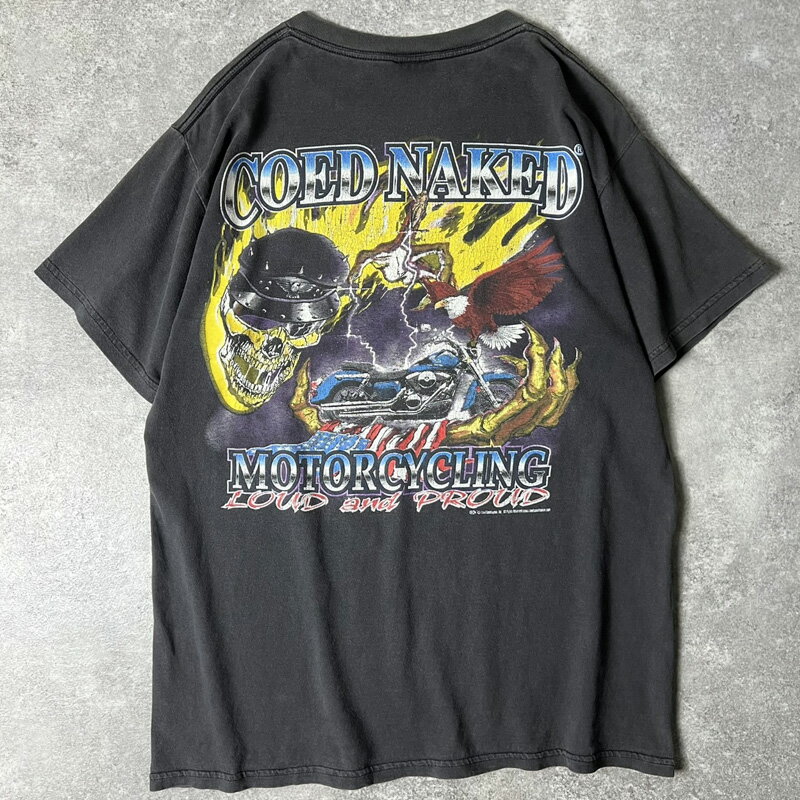 90s COED NAKED バイク スカル イーグル プリント 半袖 Tシャツ L / 90年代 ハーレー 星条旗 ファイア サンダー 墨黒 ブラック 【中古】 古着 アメリカ古着 USED ユーズド 中古 VINTAGE US古着 アメカジ