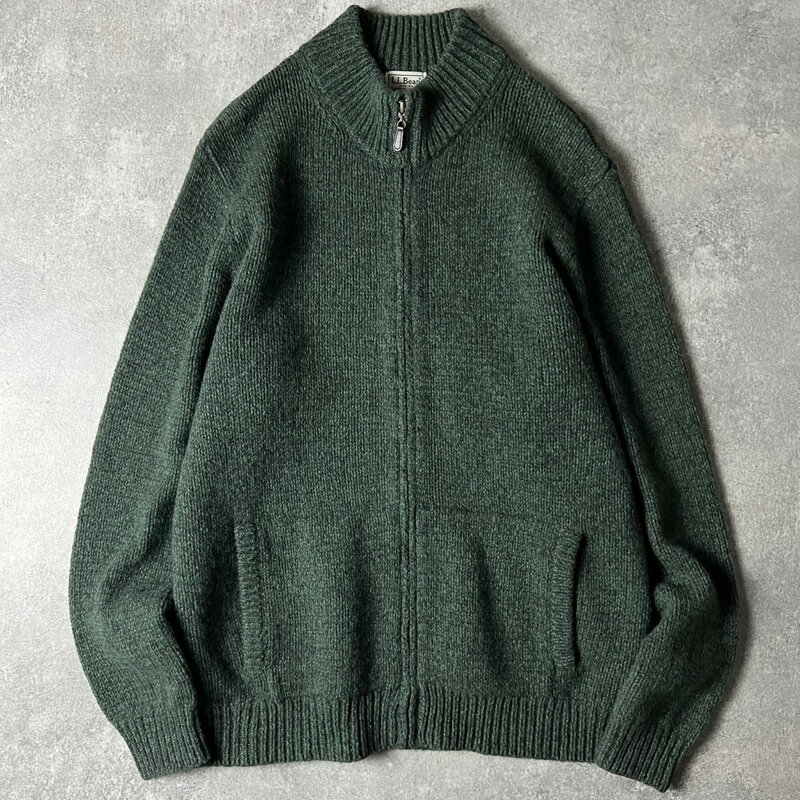 LLBean ラムウール ドライバーズ ニット カーディガン XL / エルエルビーン ハイネック セーター ジャケット グリーン
