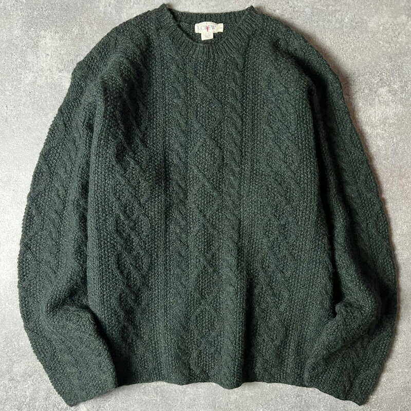 90s 巨人タグ J.CREW ウール フィッシャーマン ニット セーター L / Jクルー 90年代 オールド アラン グリーン アランセーター