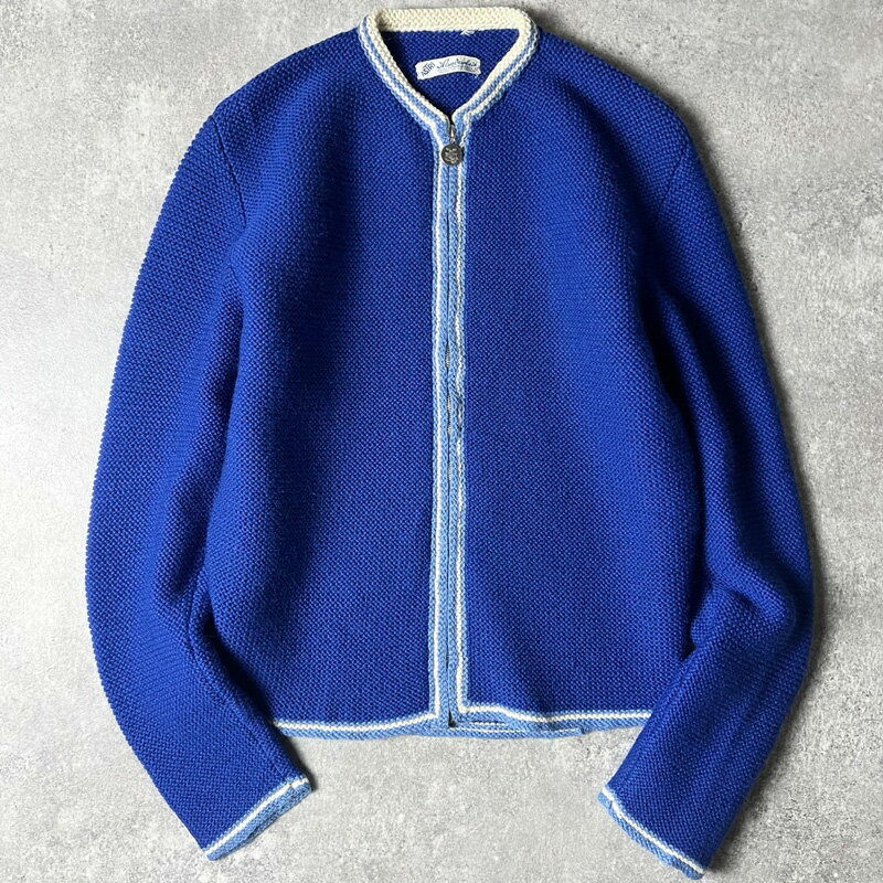 手編み 60s ASTRI フルジップ ウール ニット カーディガン / 60年代 ドイツ製 ユーロ ビンテージ セーター ブルー 青