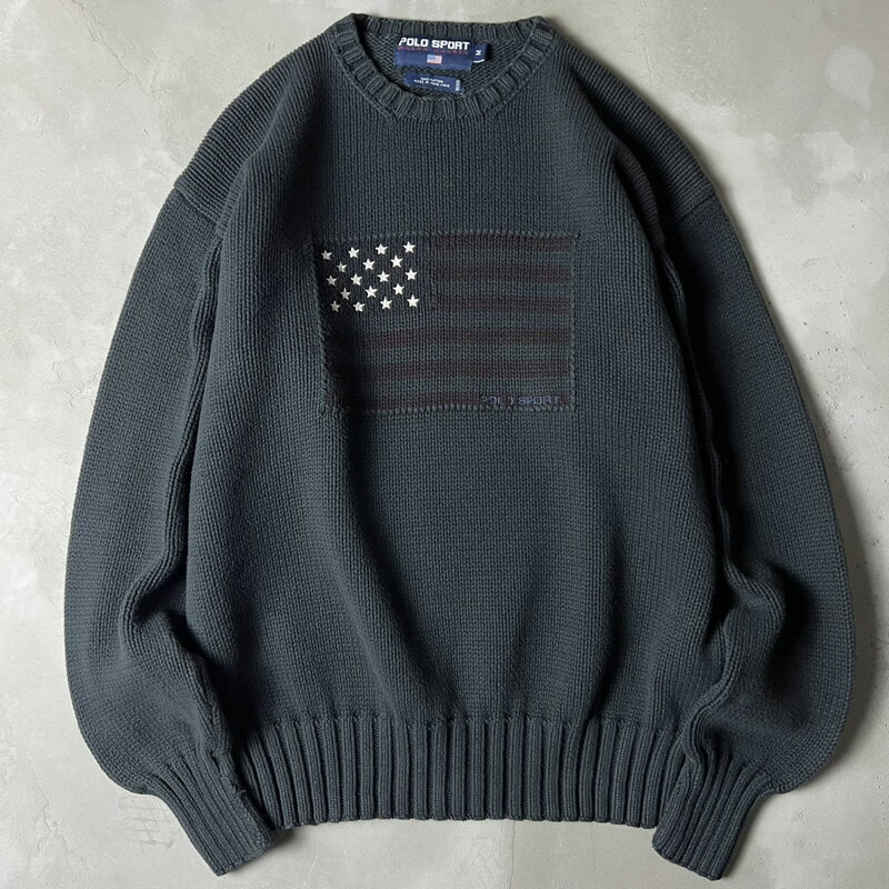 90s POLO SPORT RALPH LAUREN 星条旗 ロゴ 刺繍 後染め コットン ニット セーター M / 90年代 ポロ ラルフローレン ポロスポ...