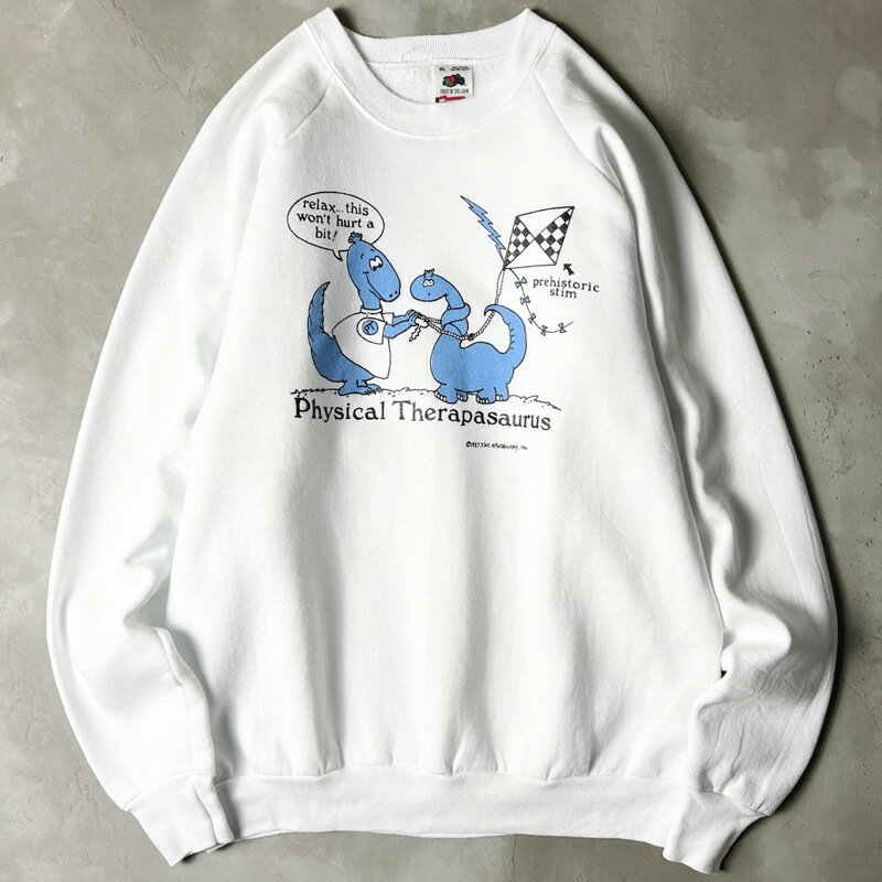 Rakuten - 80s USA製 恐竜 キャラクター イラスト プリント プリント スウェット トレーナー XL / 80年代 ビンテージ アメリカ製 SAURUS ホワイト 白 【中古】 古着 アメリカ古着 USED ユーズド 中古 VINTAGE US古着 アメカジ