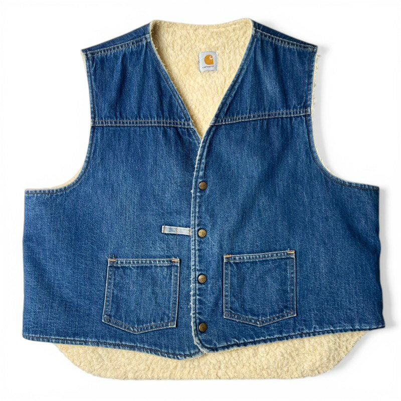 濃紺 90s Carhartt ボア ライナー コットン デニム ベスト / 90年代 オールド カーハート パイル フリース ジレ 【中古】 古着 アメリカ古着 USED ユーズド 中古 VINTAGE US古着 アメカジ（楽天・US古着 RUMRAGE 楽天市場店）