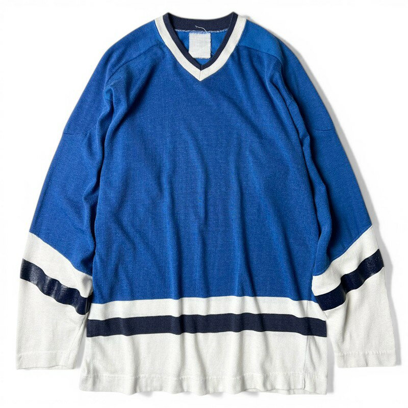 ~80s UNKNOWN Vネック レーヨン フットボール Tシャツ / 70年代 80年代 ビンテージ ジャージ ブルー ロンT 青 【中古】 古着 アメリカ古着 USED ユーズド 中古 VINTAGE US古着 アメカジ