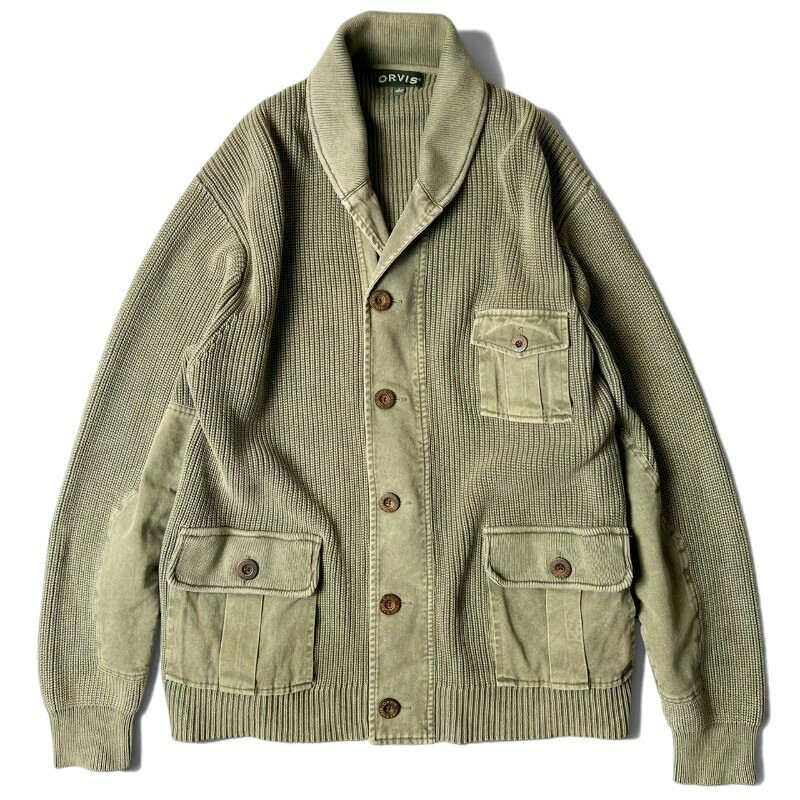 90s ORVIS コットン ニット ハンティング ジャケット XL / 90年代 オールド オービス ショールカラー カーディガン サファリ オリーブ リブ編み 【中古】 古着 アメリカ古着 USED ユーズド 中古 VINTAGE US古着 アメカジ