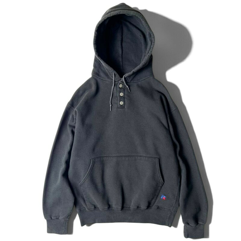 90s USA製 RUSSELL ヘンリ—ネック スウェット フード パーカー M / 90年代 アメリカ製 ラッセル トレーナー HIGH COTTON ブラック 黒 【中古】 古着 アメリカ古着 USED ユーズド 中古 VINTAGE US古着 アメカジ