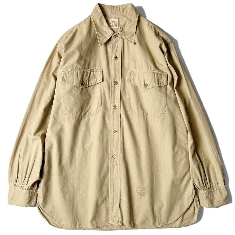 50s USA製 Elbeco マチ付き 長袖 コットン ワーク シャツ 16 / 50年代 アメリカ製 ビンテージ カーキ 無地 長袖シャツ ワークシャツ 【中古】 古着 アメリカ古着 USED ユーズド 中古 VINTAGE US古着 アメカジ
