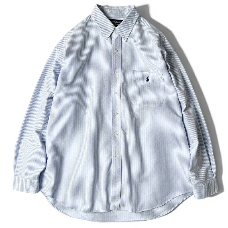 BIG SHIRT 90s RALPH LAUREN ストライプ 長袖 コットン オックスフォード ボタンダウン シャツ XL / 90年代 POLO ポロ ラルフローレン 白 青 【中古】 古着 アメリカ古着 USED ユーズド 中古 VINTAGE US古着 アメカジ