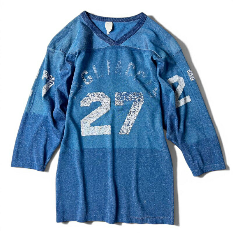 Rakuten - 雰囲気系 70s UNKNOWN 4面 プリント Vネック ジャージ フットボール Tシャツ / 70年代 ビンテージ ブルー ロンT 青 襤褸 【中古】 古着 アメリカ古着 USED ユーズド 中古 VINTAGE US古着 アメカジ