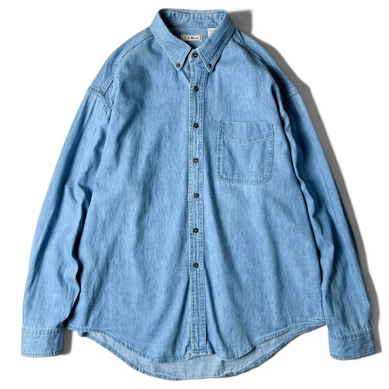 90s LLBean コットン デニム 長袖 ボタンダウン シャツ XL / 90年代 カナダ製 オールド エルエルビーン 無地 LLビーン  古着 アメリカ古着 USED ユーズド 中古 VINTAGE US古着 アメカジ