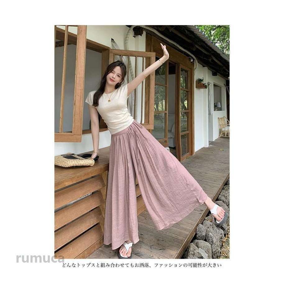 Rumucaのワイドパンツ 夏 レディース キュロットスカート Aライン マキシ丈 ギャザーパンツ ハイウエスト キュロット タイパンツ 長ズボン 体型カバー｜アングル2