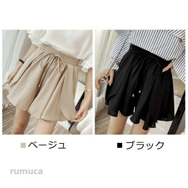 乐天商城 - ショートパンツ レディース 夏 シフォン キュロット ハイウェスト ワイド ゆったり 無地 着痩せ Aライン ショーパン 短パン 大人かわいい 大きいサイズ 5XL 楽ちん きれいめ シンプル ウエストゴム ベージュ ブラック