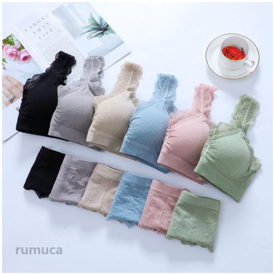 Rumucaのスポーツブラ ショーツ 上下セット レディース インナー 下着 ノンワイヤー レース ブラジャー パンツ スポブラ 上品 かわいい｜アングル3