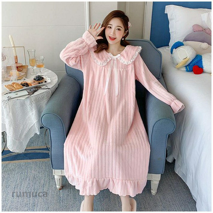Room Wear - ネグリジェ ワンピース パジャマ ルームウェア ワンピース レディース 冬 着心地 裏起毛 姫系 暖かい 長袖 ふわふわ ゆったり ルームワンピース もこもこ 柔らかい 快適 部屋着 大人 可愛い ナイトウェア 寝巻き 修学 旅行 プレゼント 秋 春 20代 30代 40代 50代
