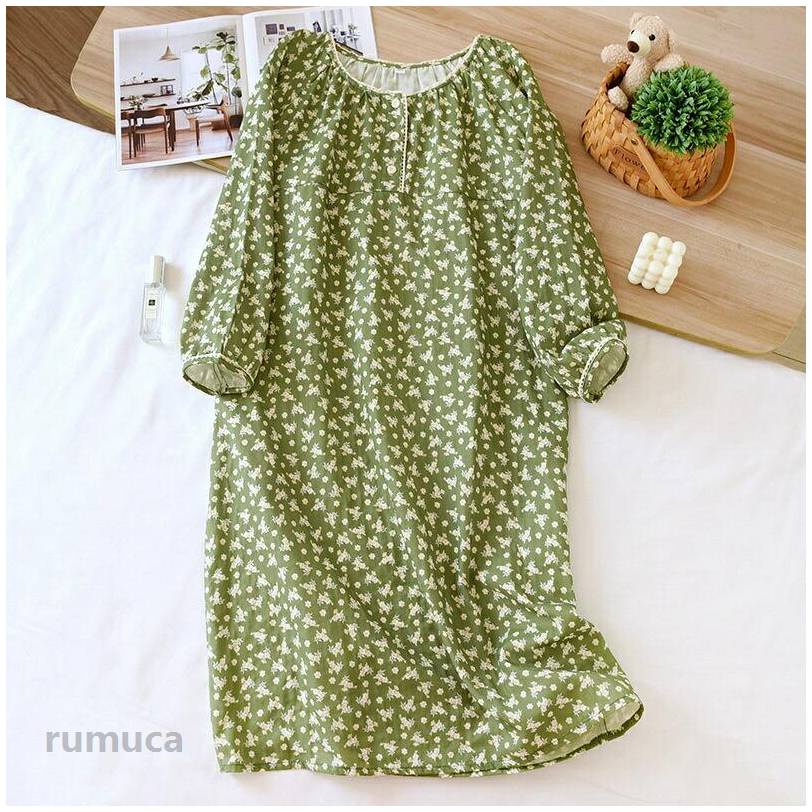 Room Wear - ダブルガーゼ ネグリジェ パジャマ ルームワンピース レディース 春 秋 長袖 総柄 花柄 ふんわり ガーゼ ワンピース ルームウェア 着心地 柔軟 コットン 綿 柔らかい 肌触り 大人 快適 部屋着 可愛い ナイトウェア 寝巻き 旅行 プレゼント 30代 40代 50代