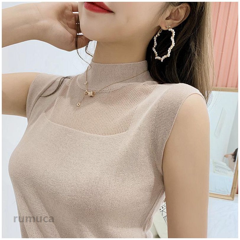 Short Sleeves - サマーニット tシャツ ノースリーブ 袖なし ハイネック ニット インナー ストレッチ トップス タンクトップ フィット タートルネック