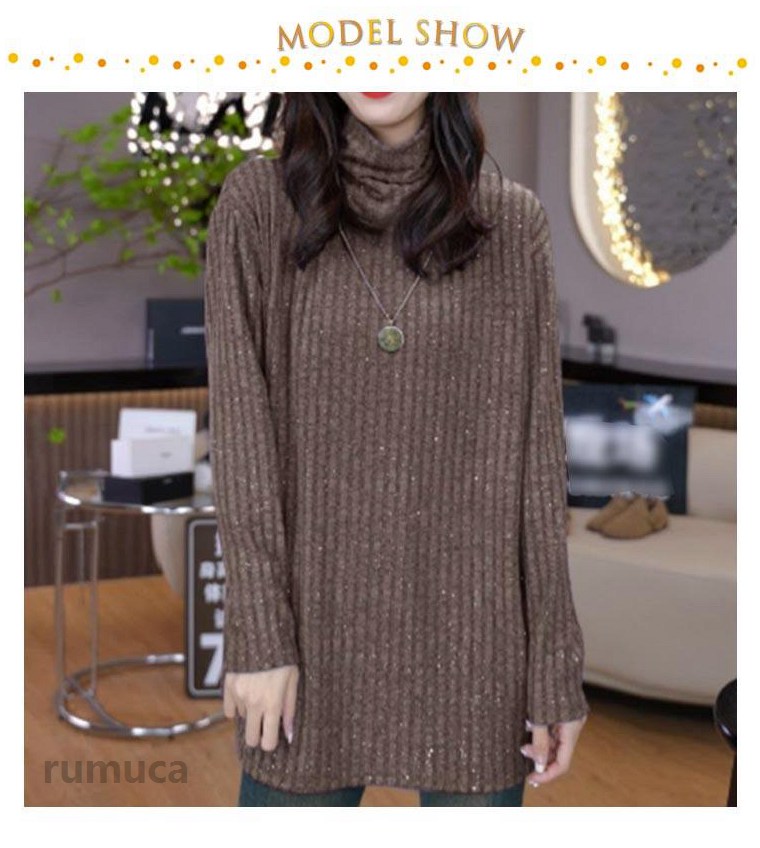 Rumucaのラメ入り レディース 長袖 タートルネック ロングTシャツ セーター カットソー 長袖Tシャツ 体型カバー S M L XL 2XL｜アングル3