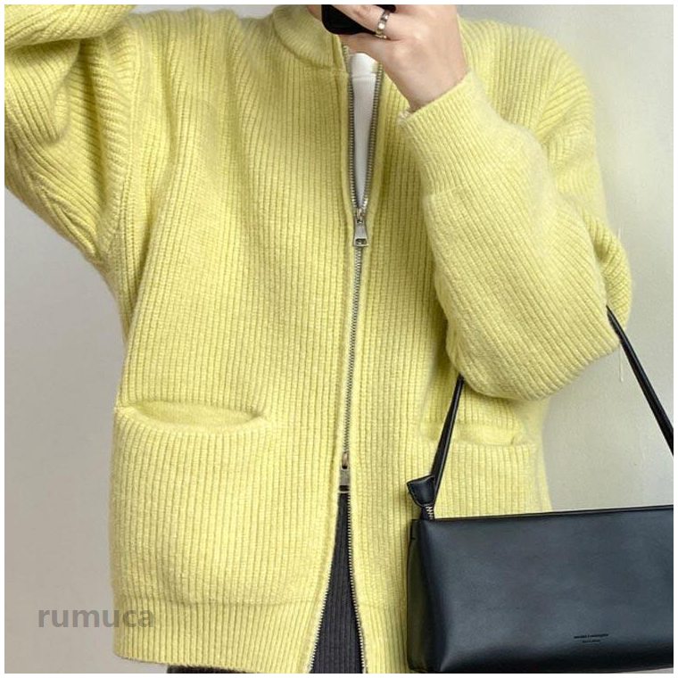 Rumucaのジップ ニットカーディガン レディース ジャケット ニットトップス 長袖 秋冬 ニット カーディガン 厚手 ノーカラー ニットセーター 羽織物 アウタ｜アングル2