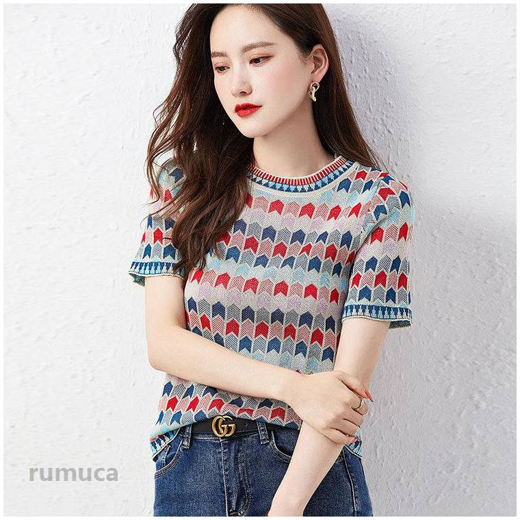 乐天商城 - Tシャツ カットソー レデイース 大人 幾何柄 ミディアム カジュアル 半袖 夏 トップス シンプルナチュラルベーシック ストレッチ フリーサイズ 快適 TX-082