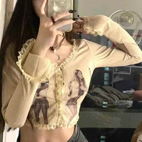 乐天商城 - レトロ プリント レディース トップス ロンT シャツ カットソー カーディガン Tシャツ ショート クロップド
