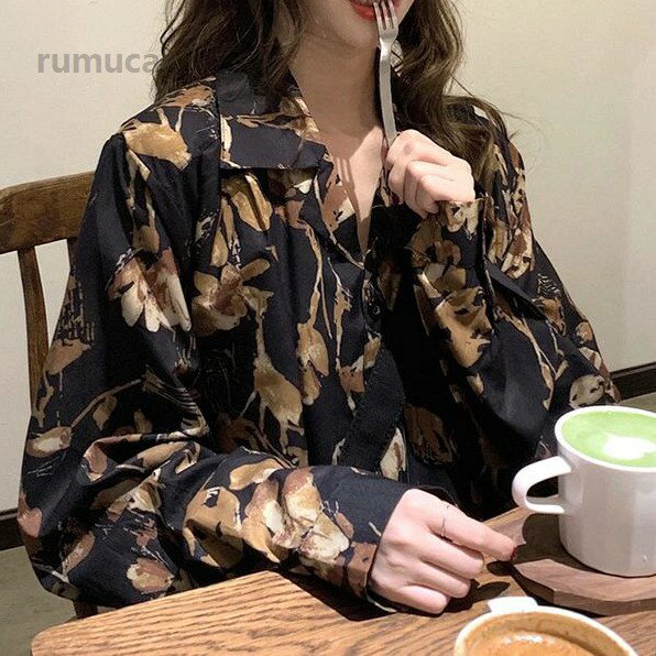 Rakuten - オーバーサイ 長袖シャツ 長袖 オープンカラー ジャケット風 秋 初秋 茶色 ブラウン 黒 ブラック 紅葉 落ち葉 フラワー 花 花柄