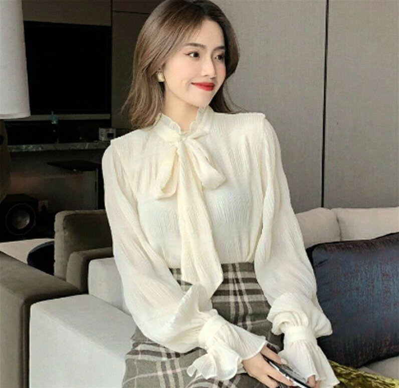 Rakuten - レディース シフォンブラウス 春夏 長袖ブラウス オシャレ オフィス 40代 30代 50代 エレガント 韓国風 リボン ブラウ