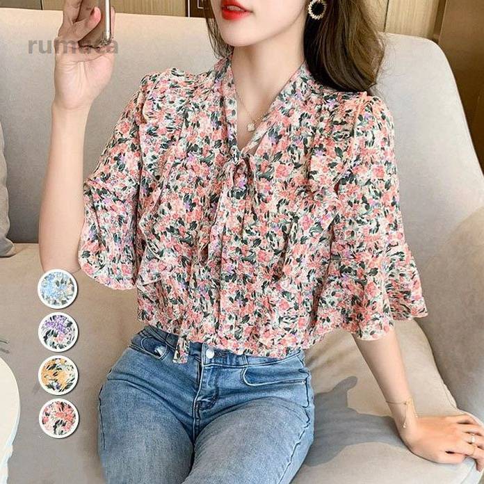 Rakuten - オシャレブラウス 五分袖トップス 春夏新作 ブラウス ブラウス Vネック 花柄シフォンブラウスリボンネック 40代 上品