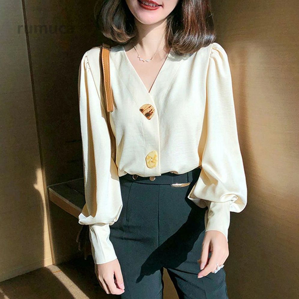 フェイクボタン付きブラウス レディース トップス 長袖 無地 秋服 冬服 10代 20代 ...