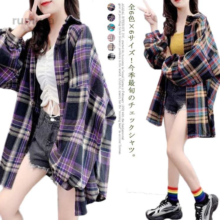 チェックシャツドルマンシャツ 彼シャツ レディース チュニック トップス ビッグサイズ ドロップショルダー ドルマンシ