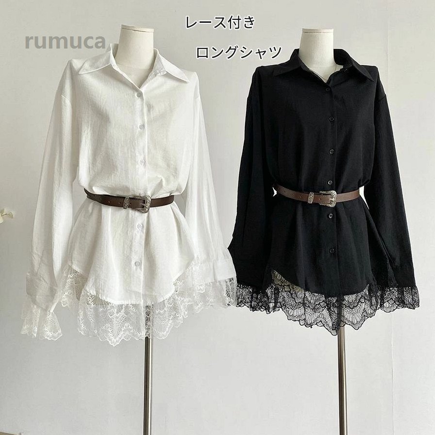 Short Sleeves - シャツブラウス 体型カバー トップス 裾レース オフィス シャツ きれいめ 大人 トレンド レイヤード インナー 重ね着 通勤 通学