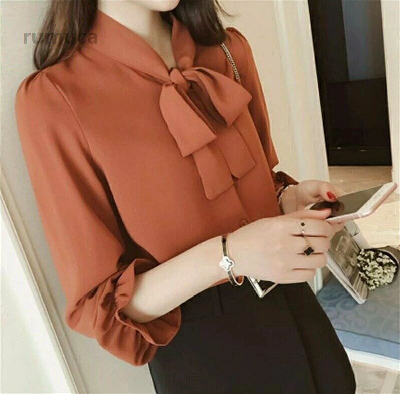乐天商城 - レディース 春夏 長袖ブラウス オシャレ リボン ブラウス オフィス 40代 30代 50代 20代 韓国風 シフォンブラウス 大人