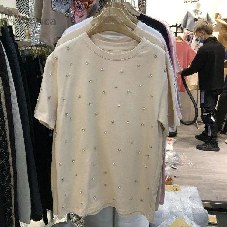 カットソー 3XL 2XL XL L ラインストーン M 華やか Tシャツ 夏 春 大人可愛い ビジュー付き 半袖 きらきら tシャツ S 大きいサイ 2