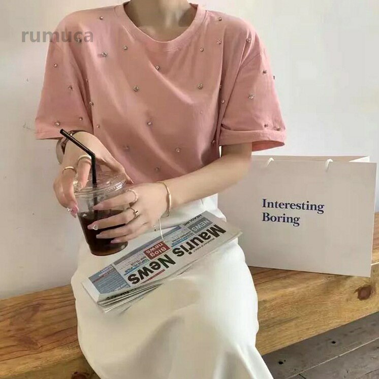 カットソー 3XL 2XL XL L ラインストーン M 華やか Tシャツ 夏 春 大人可愛い ビジュー付き 半袖 きらきら tシャツ S 大きいサイ 3