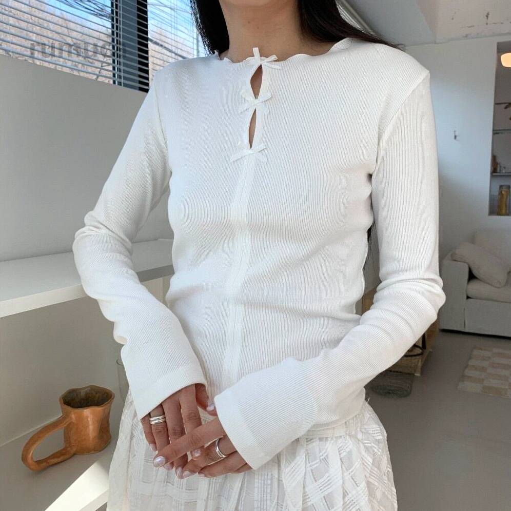 樂天商城 - 2color レディース トップス カットソー Tシャツ フロントリボンデザイン リブ 無地 袖あり 長袖 ラウンドネック 清潔感 エレガ