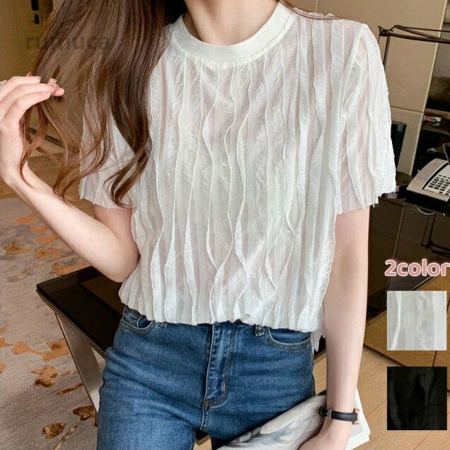 Polo Shirt - レディース シャツ きれいめ 春夏 半袖 雪紡シャツ 大人可愛い トップス 通勤オフィス 軽量 透け感 フリルデザイン